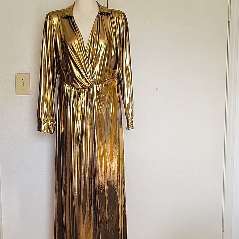 Women's Gold Metallic V Neck Evening Dress Long Sleeves; Waist Wrap